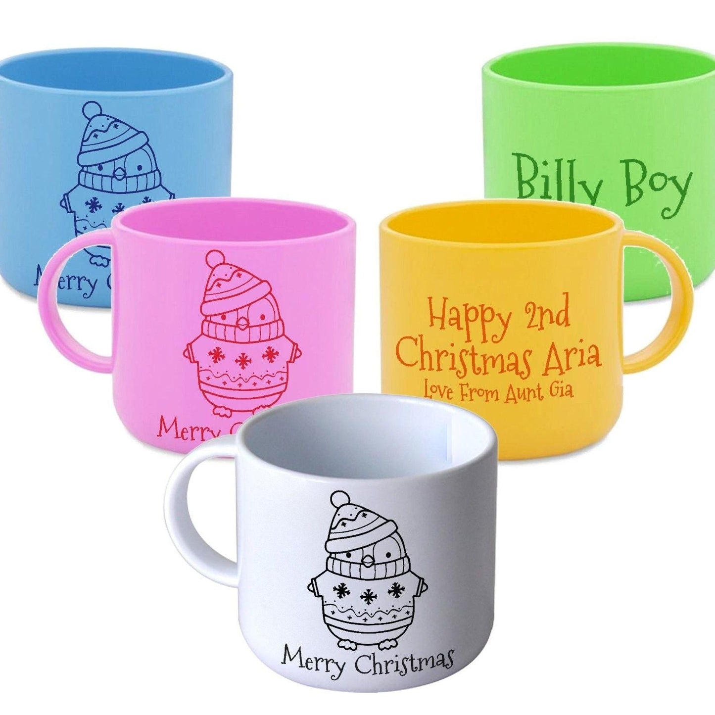 Penguin Merry Christmas Personalised Mug for Toddlers 6oz Polymer Unbreakable Child Safe Gift