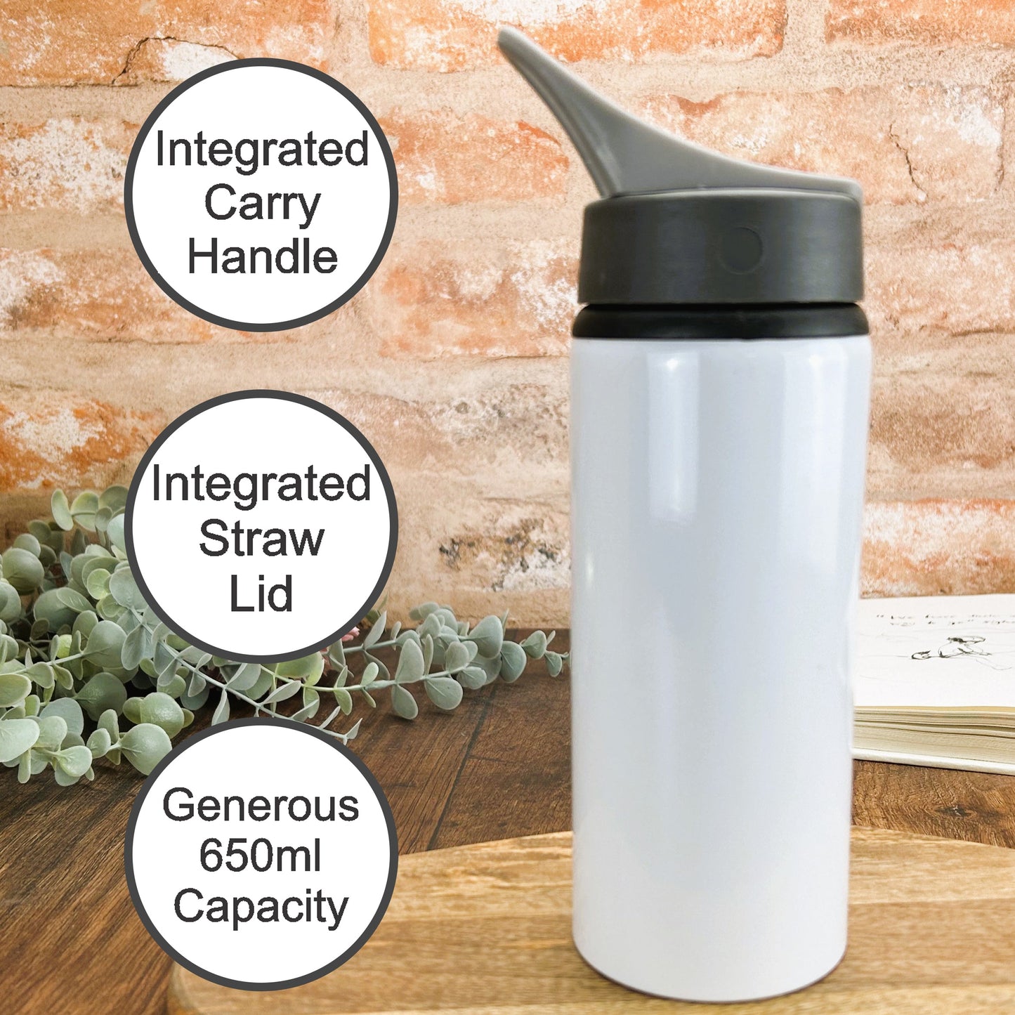 a white water bottle sitting on top of a wooden table