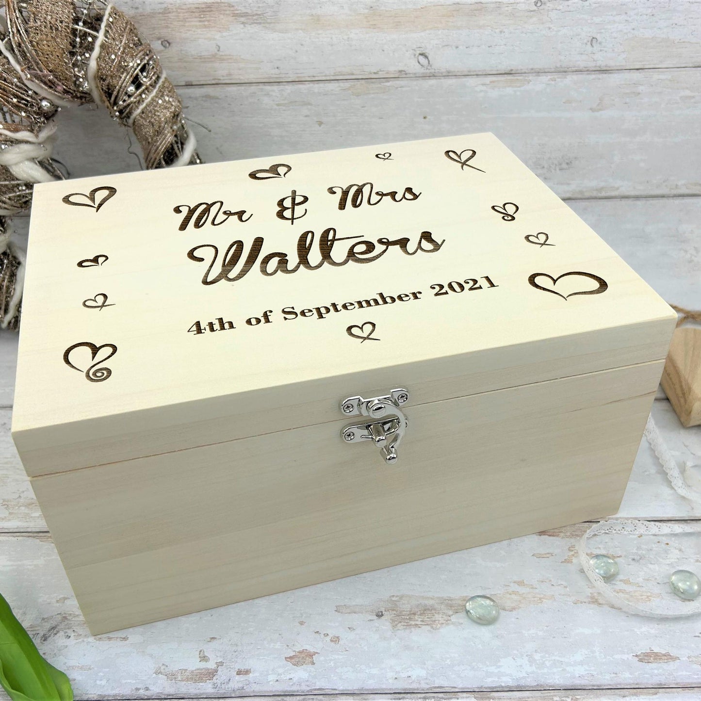 Hearts Wooden Memory Box Personalised Gift