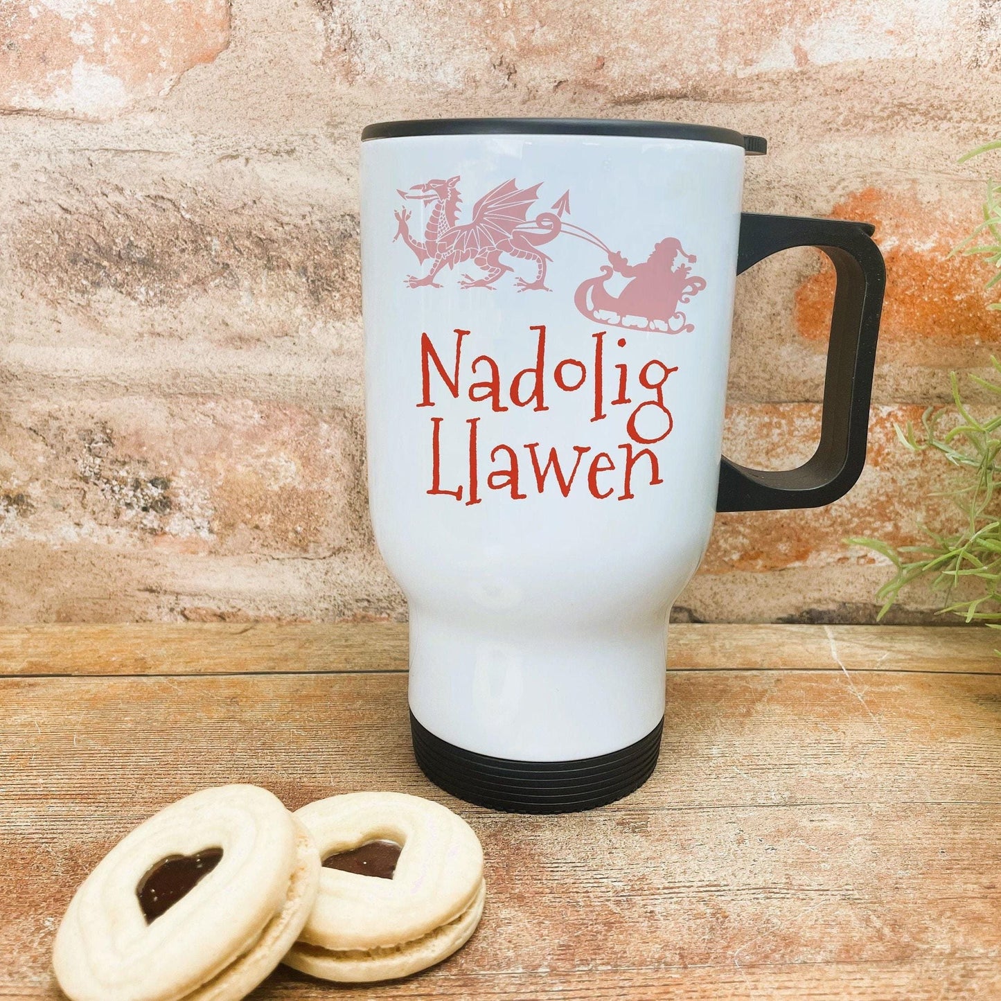 Nadolig Llawen Dragon Santa Sleigh - Welsh Language Dialect - Personalised Travel Mug