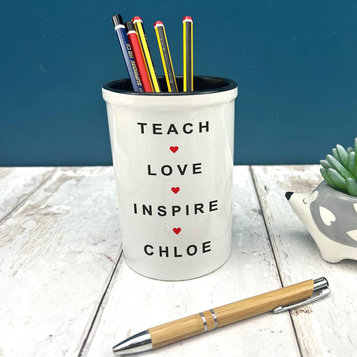 Teach Love Inspire Teacher End of Term School Thank You Pen Pencil Pot Personalised Gift