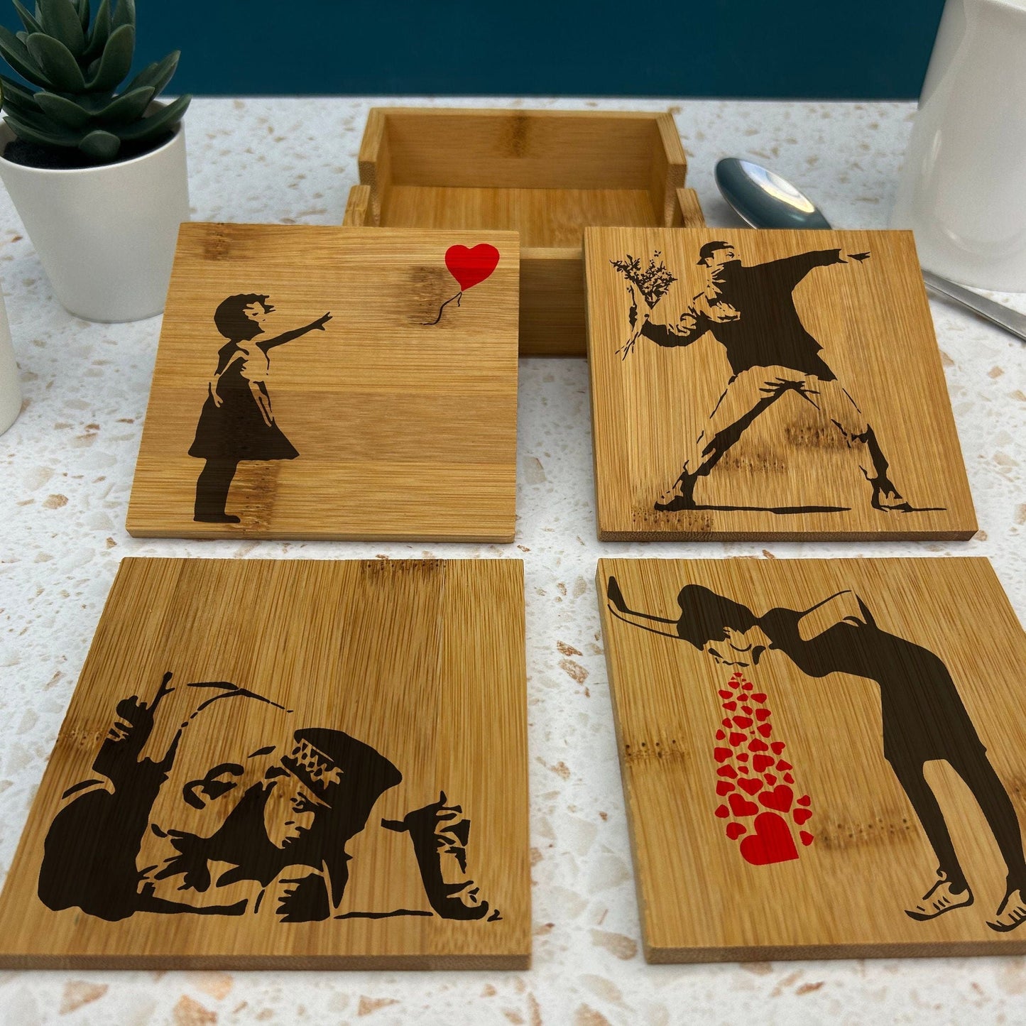 Banksy Painting Artwork Graffiti Bamboo Coaster Set Home Décor House Warming Gift Art Artist