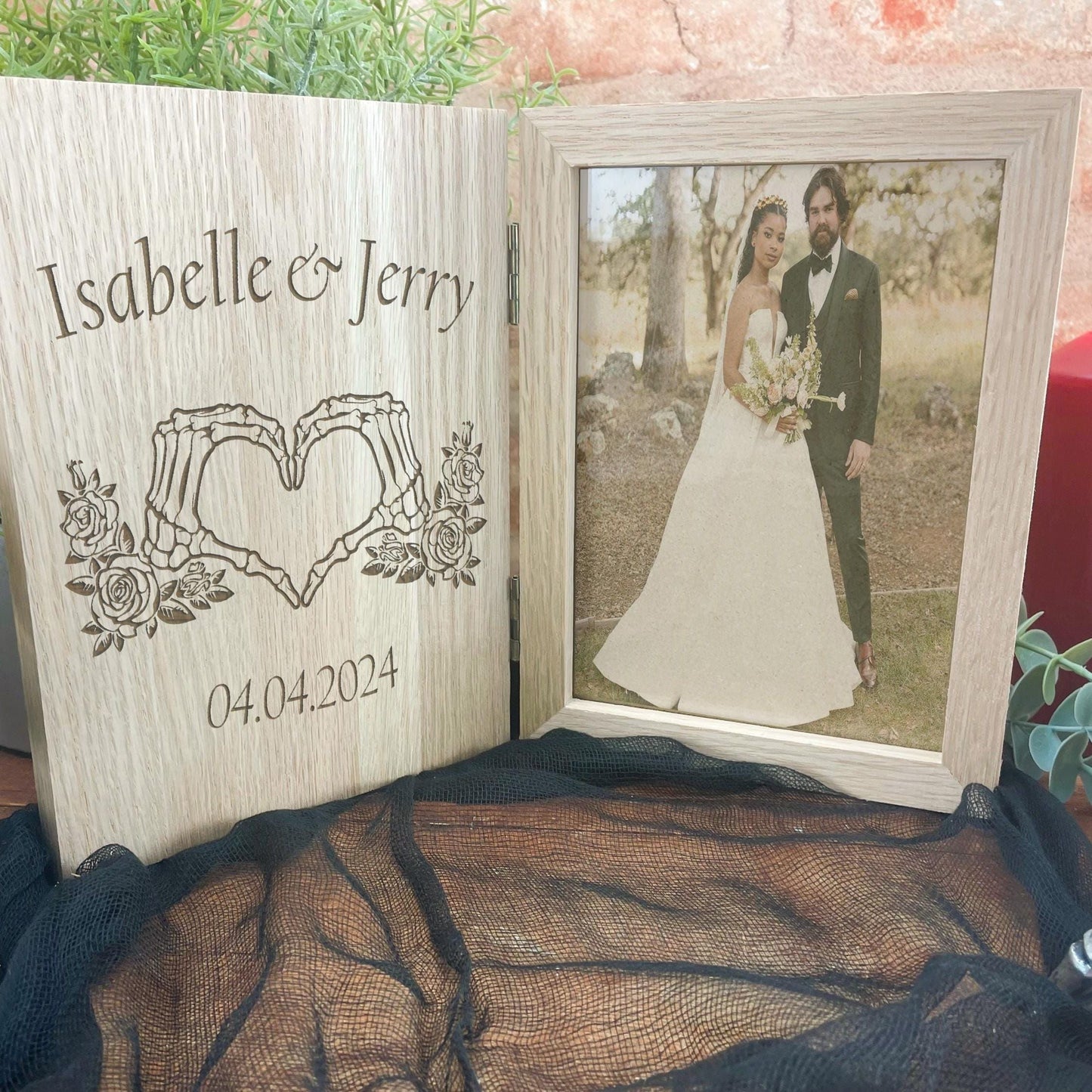 Bone Heart Hands Couple Oak Photo Frame - Wedding Anniversary Personalised Gift