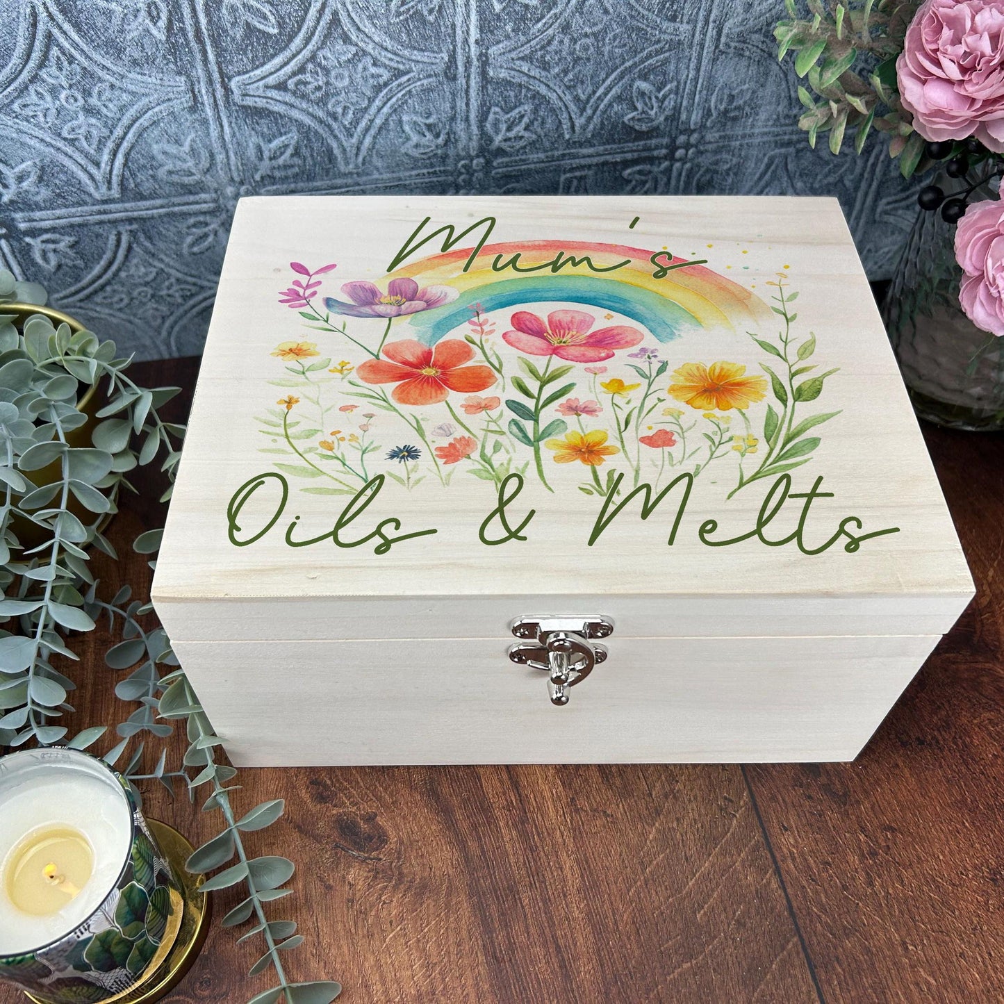 Flowers And Rainbow Wax Melt Storage Personalised Wooden Box