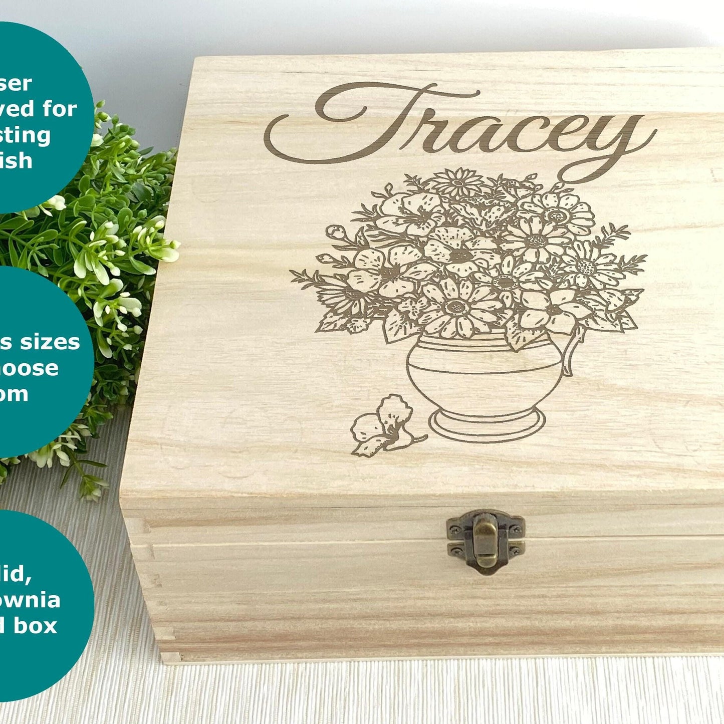 Vase of Flowers Design Wooden Memory Keepsake Box Personalised Gift