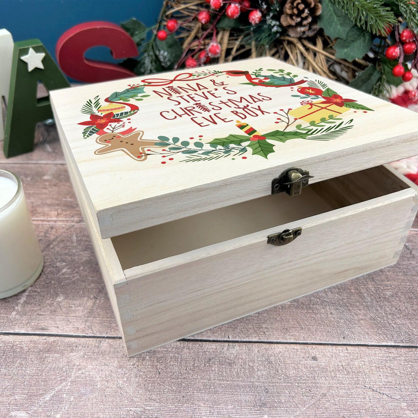 Wreath Personalised Wooden Christmas Eve Box