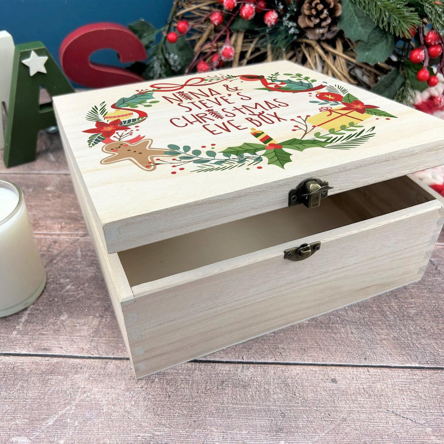Wreath Personalised Wooden Christmas Eve Box
