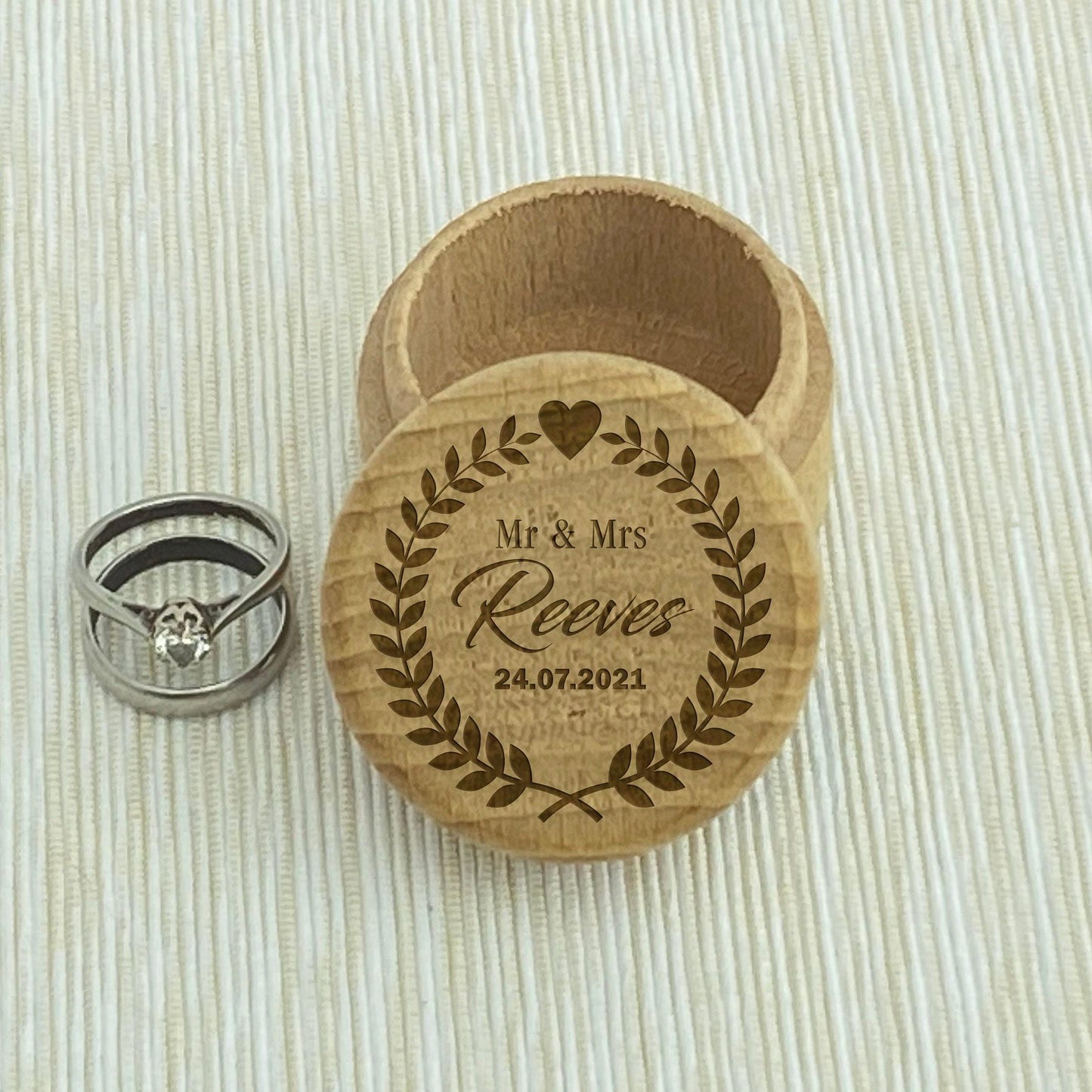 Wreath Mr & Mrs name date Wedding Ring Carrier Box Personalised Engagement Gift