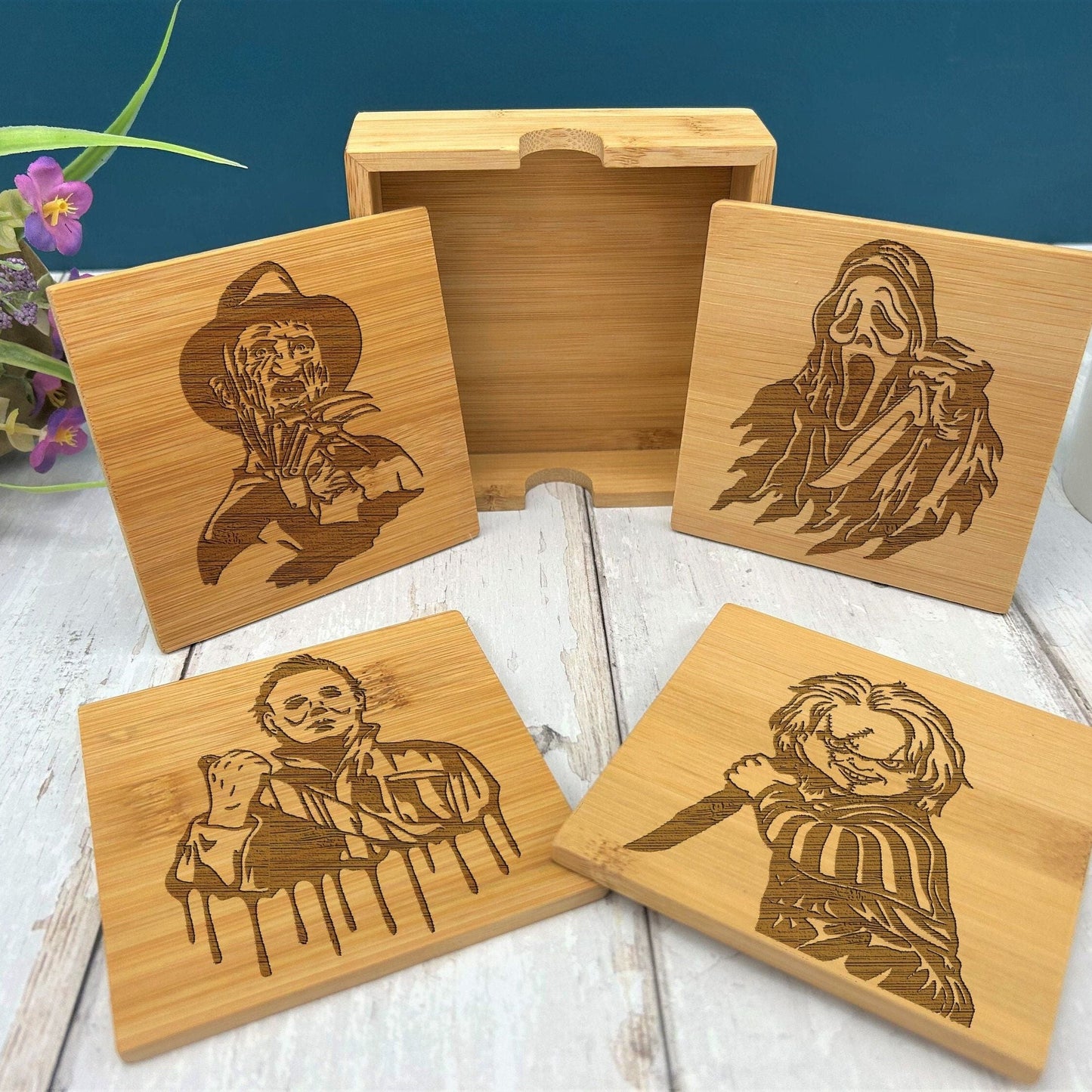 Horror Movie Characters Coaster Set Home Décor House Warming Gift Michael Myers Freddie Kruger Chucky Scream Christmas Gift Birthday Present
