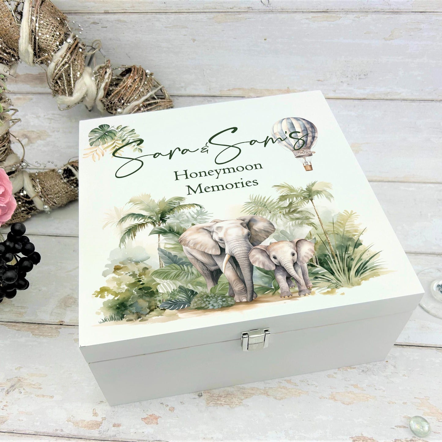 Safari Elephant White Memory Keepsake Storage Box - Personalised Gift