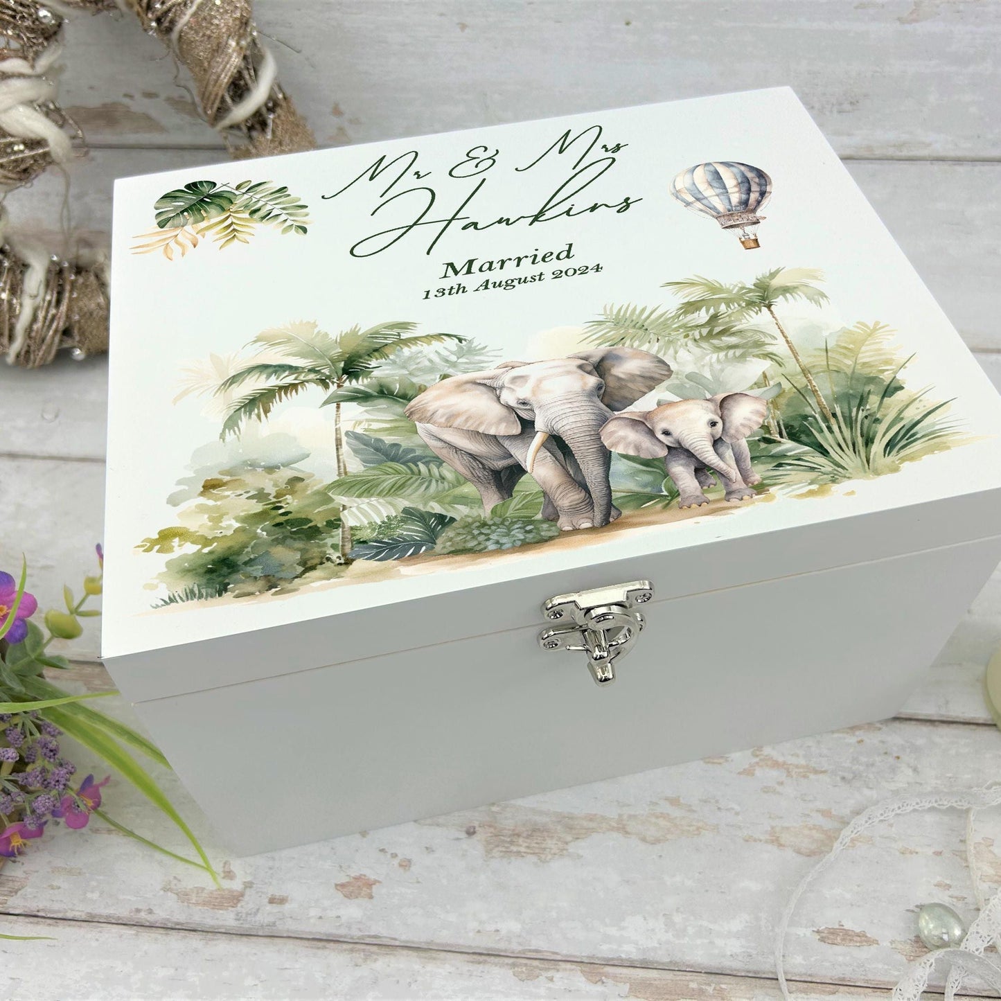 Safari Elephant White Memory Keepsake Storage Box - Personalised Gift