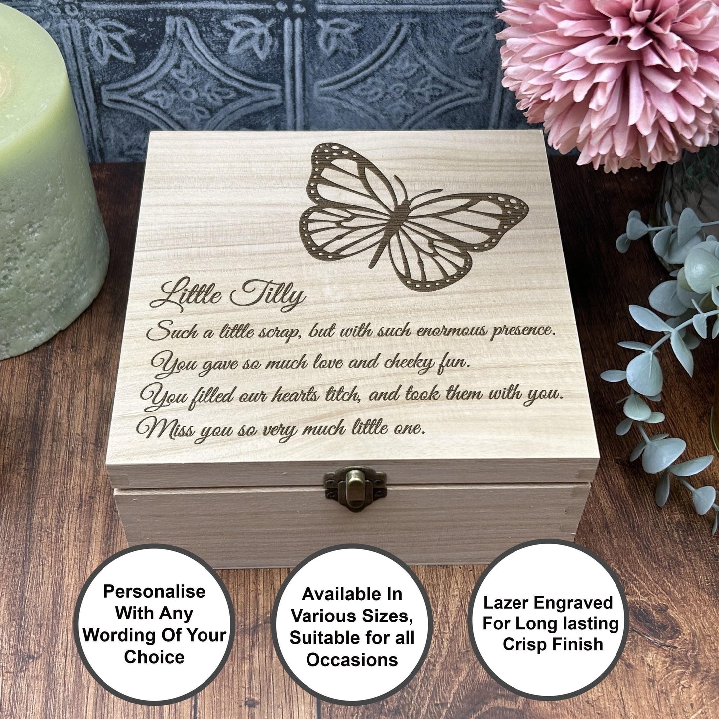 Butterfly Personalised Wooden Square Memory Keepsake Box