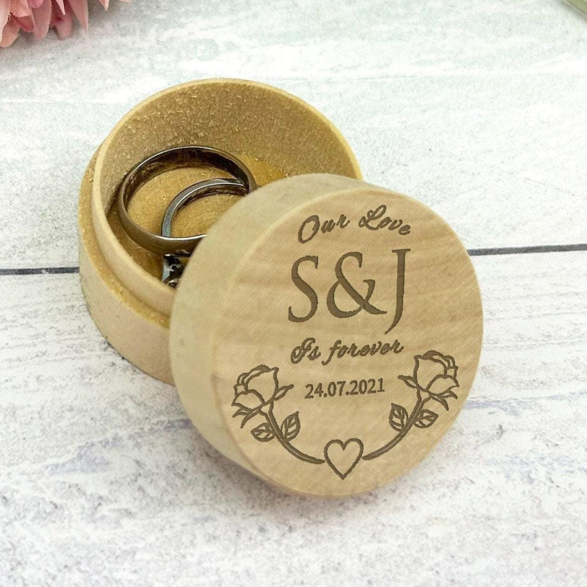 Love Forever Rose Date Wedding Ring Carrier Box Personalised Engagement Gift