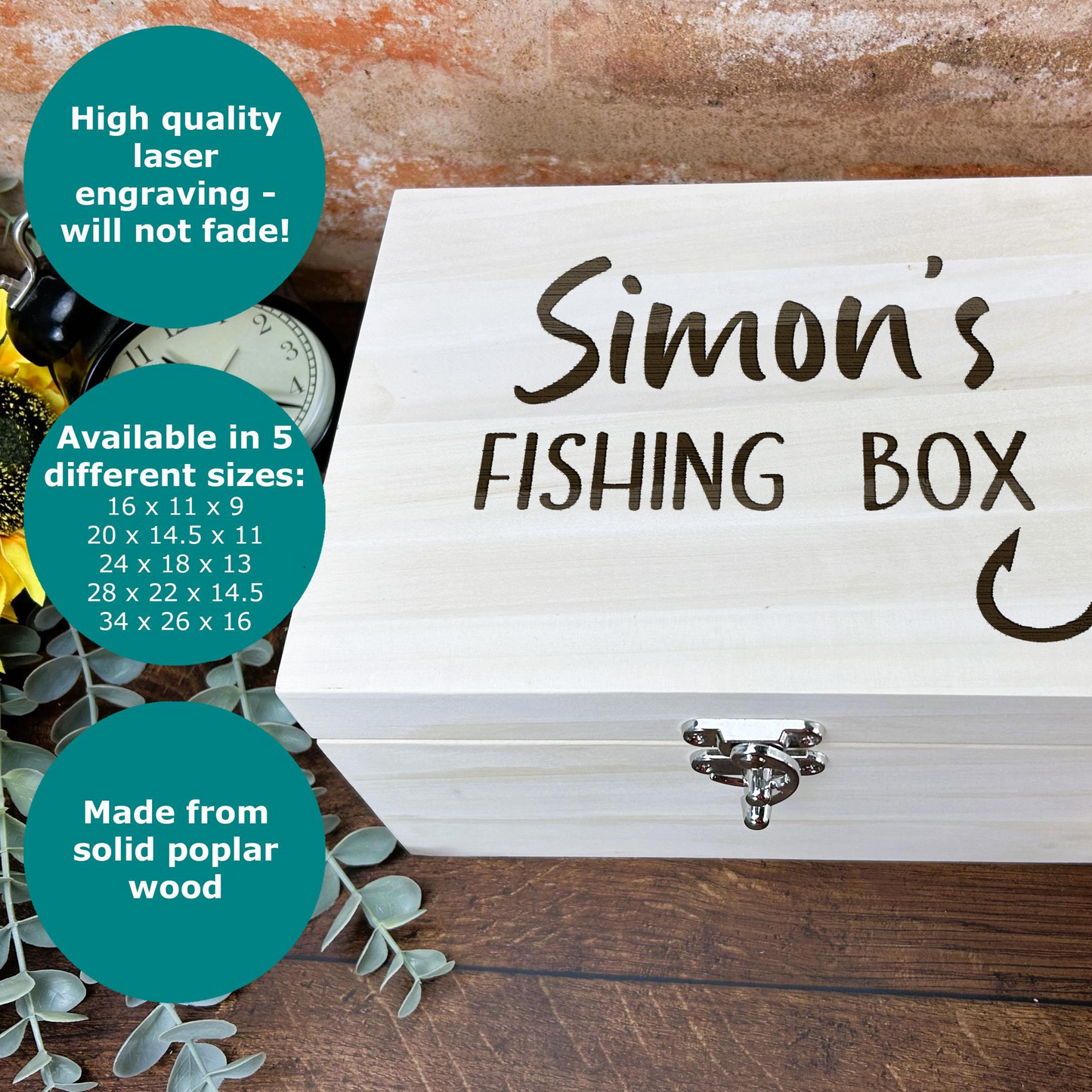a wooden box with a sign that says simon's fishing box