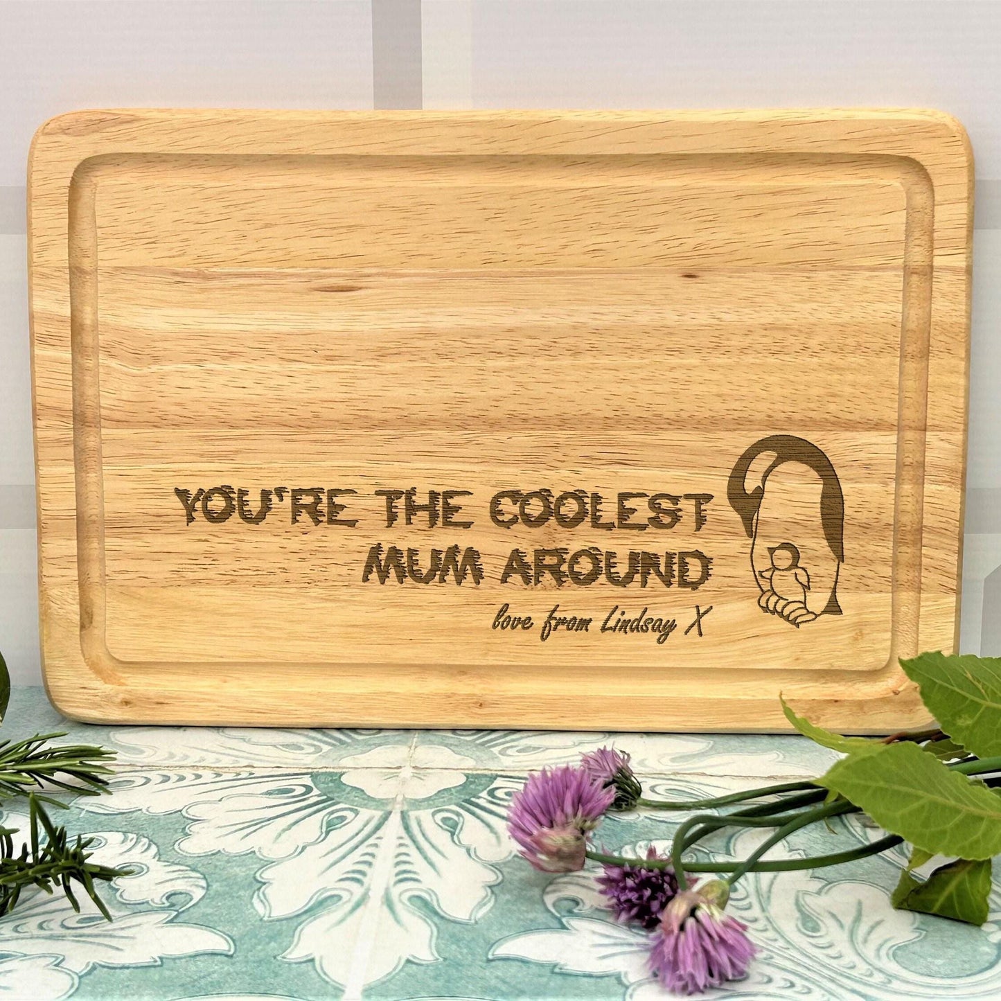Coolest Mum Around Penguin Personalised Chopping Board Mother's Day Gift