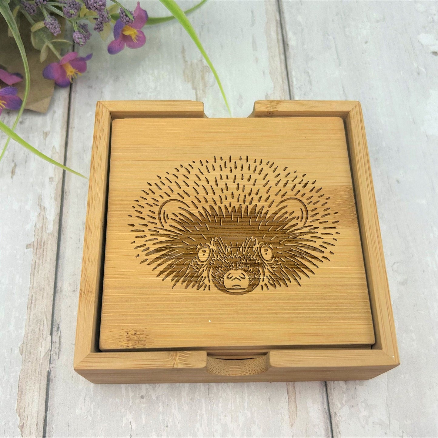 Hedgehog Cottage Core Engraved Bamboo Coaster Set New Home Décor House Warming Gift Christmas Gift Birthday Present Woodland Animal