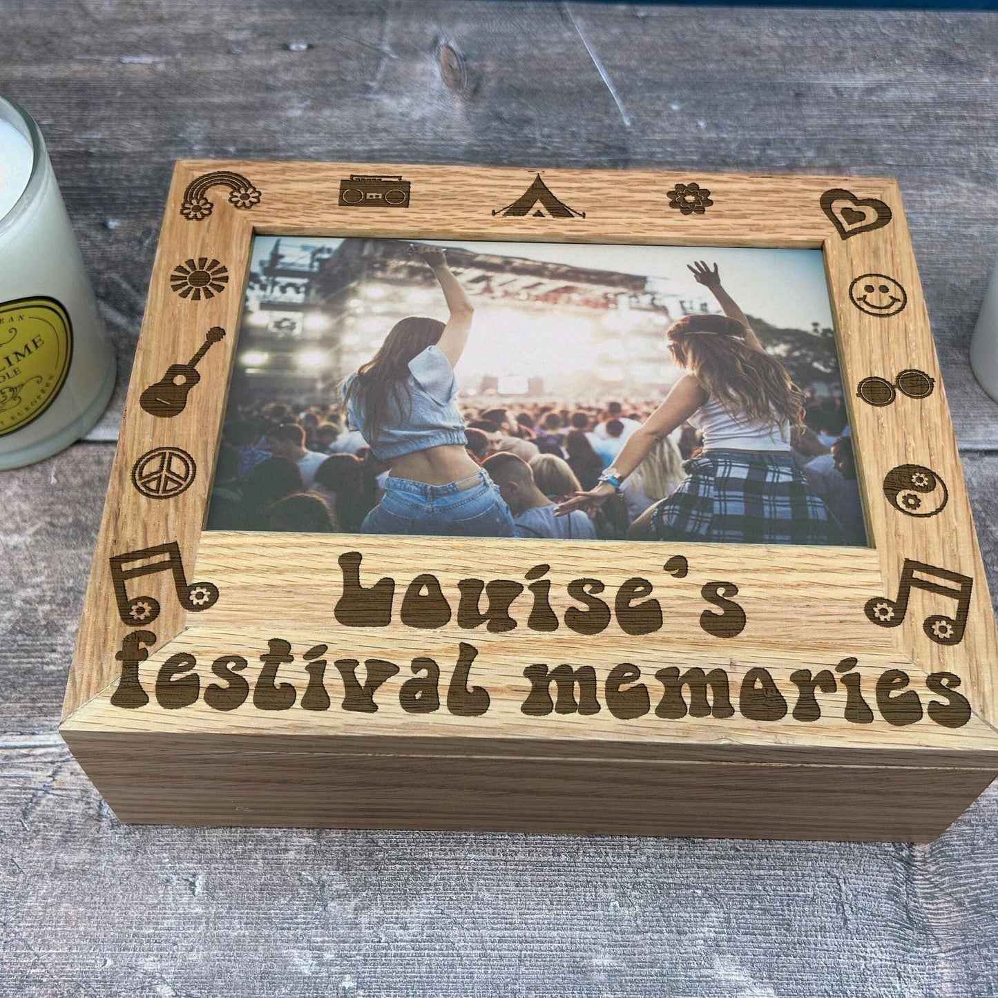 Festival Memories - Music Concert Tickets - Hippie Design - Personalised Memory Box - Photos 6x4 7x5 Holder - Solid Oak