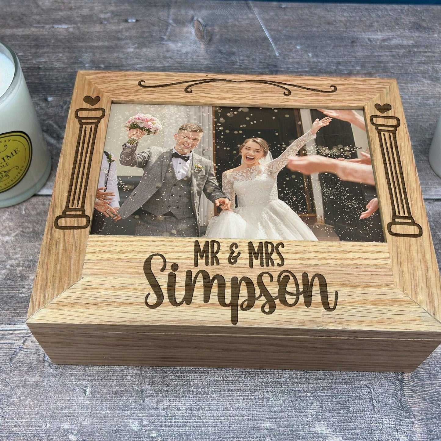 Mr & Mrs - Column Design - Wedding Photos - Personalised Memory Box - Photos 6x4 7x5 Holder - Solid Oak - Wedding Gift