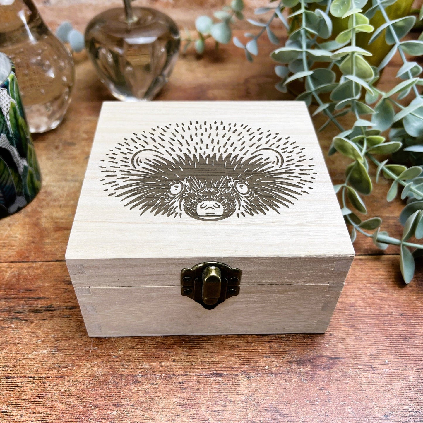 Hedgehog Illustration Engraved Wooden Trinket Jewellery Box Christmas Gift Birthday Present Woodland Animal Secret Santa