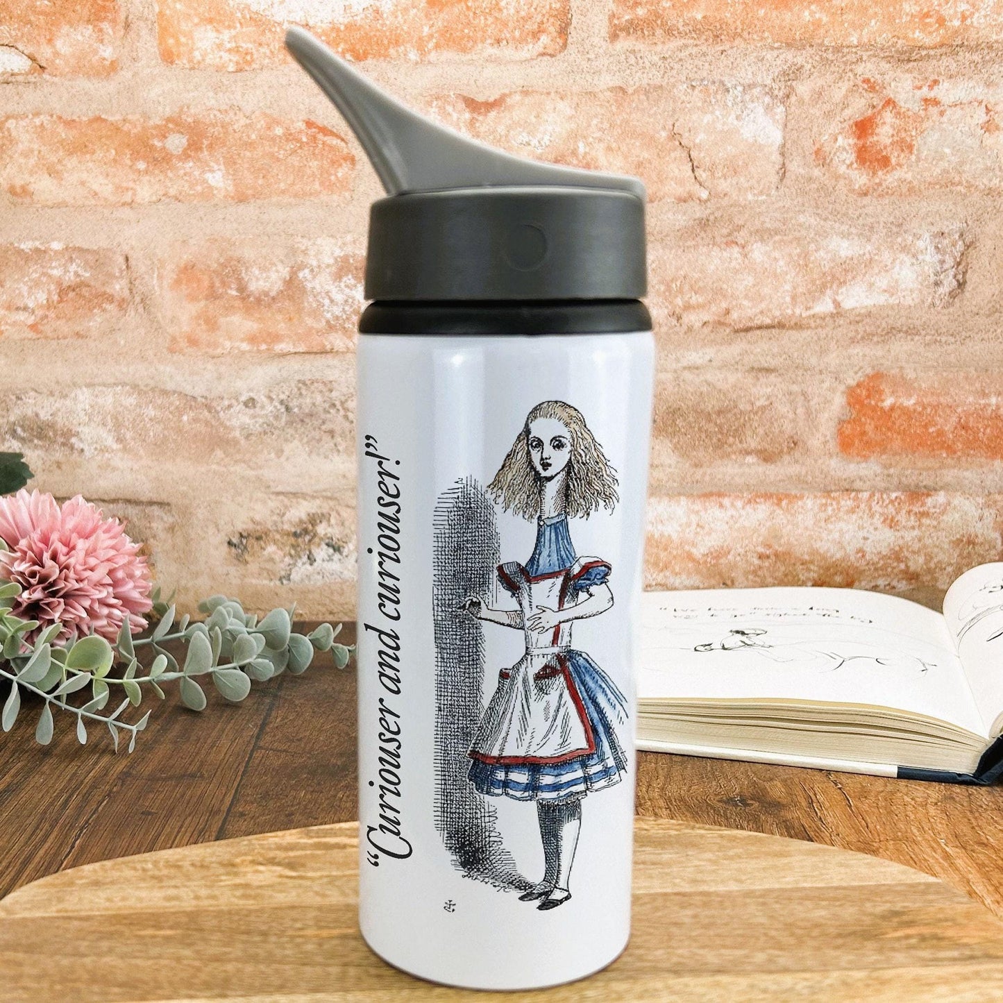 Alice in Wonderland Curiouser Lewis Caroll Book Quote Classic Literature Water Bottle