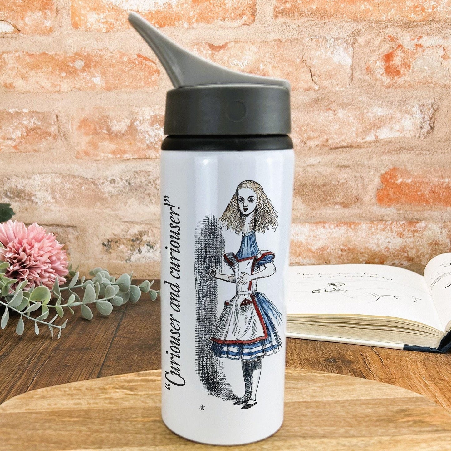 Alice in Wonderland Curiouser Lewis Caroll Book Quote Classic Literature Water Bottle