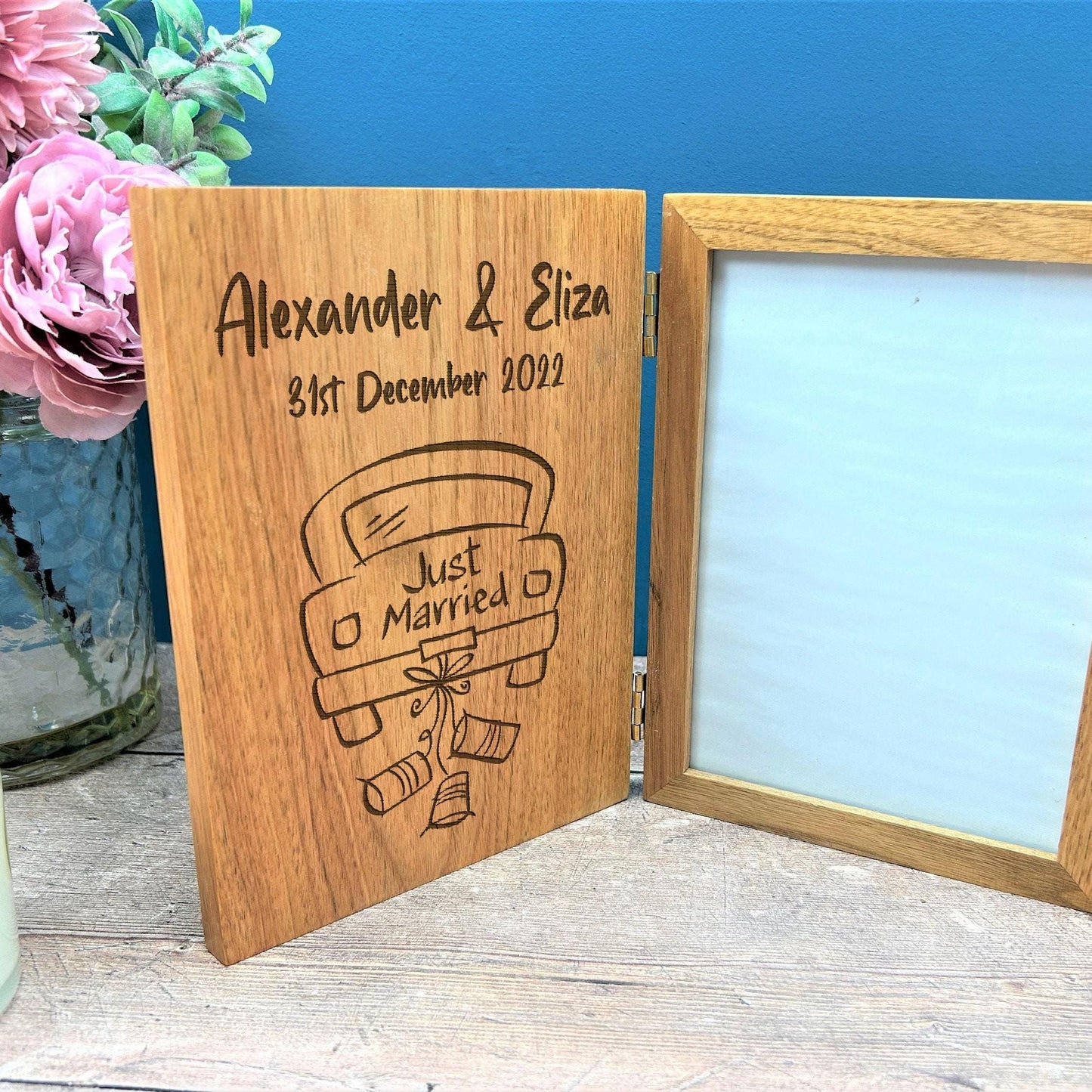 Just Married Car Design Personalised Oak Photo Frame - Wedding Gift