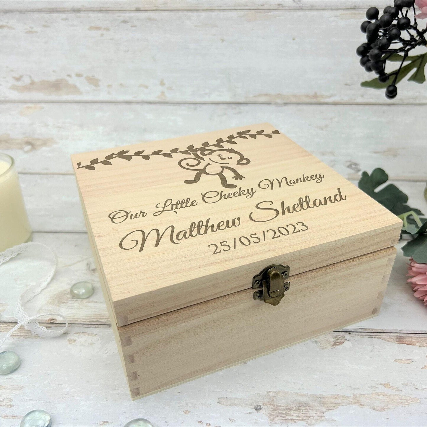 Cheeky Monkey Wooden Personalised Memory Keepsake Box - Christening / New Baby Gift