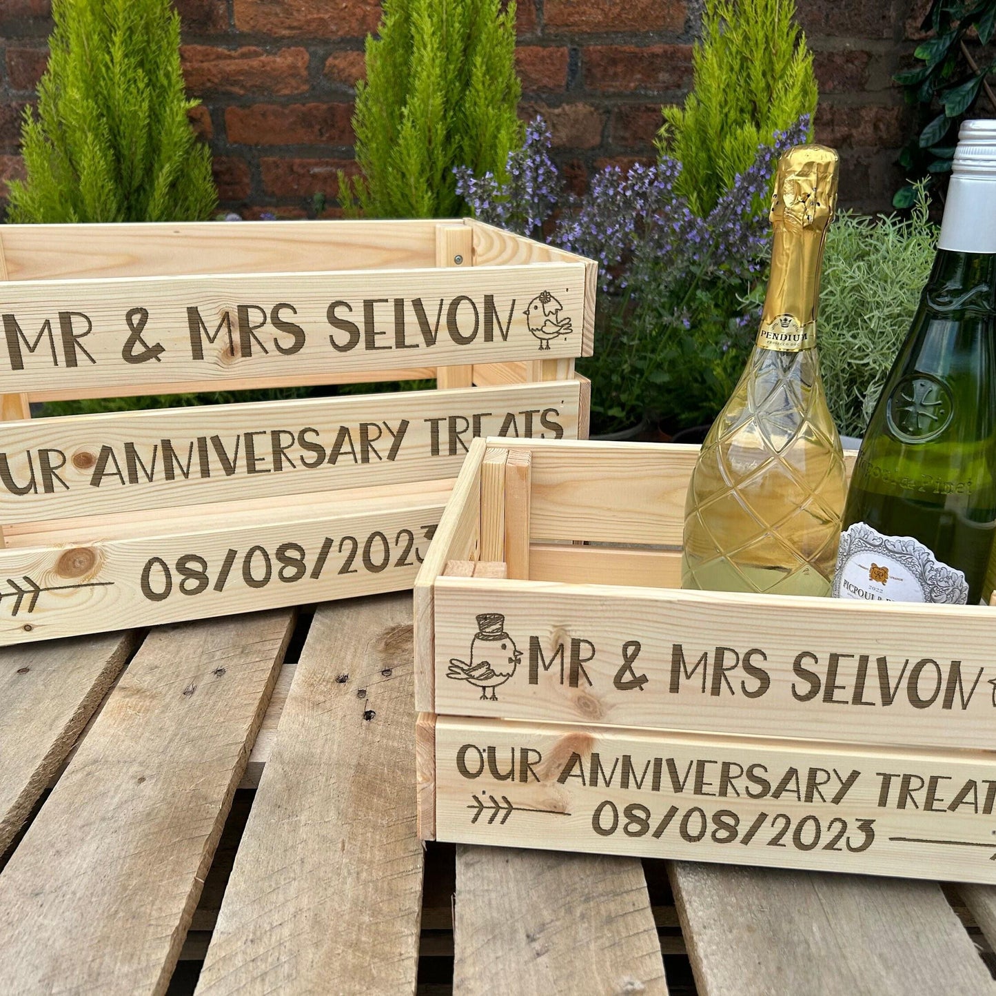 Our Anniversary Treats - Love Birds Cupid Arrow Design - Personalised Wooden Crate Hamper Gift