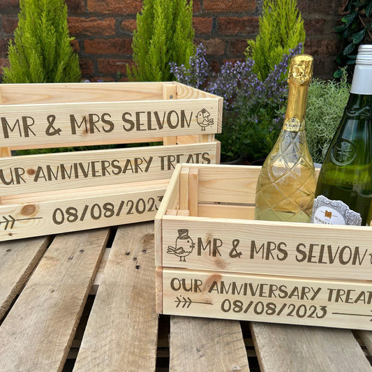 Our Anniversary Treats - Love Birds Cupid Arrow Design - Personalised Wooden Crate Hamper Gift