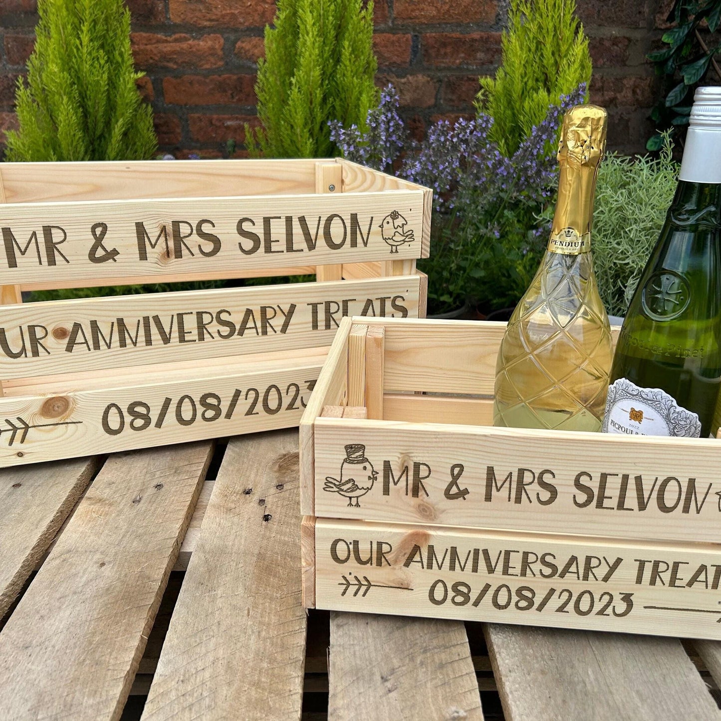 Our Anniversary Treats - Love Birds Cupid Arrow Design - Personalised Wooden Crate Hamper Gift