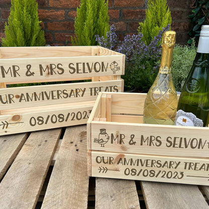 Our Anniversary Treats - Love Birds Cupid Arrow Design - Personalised Wooden Crate Hamper Gift