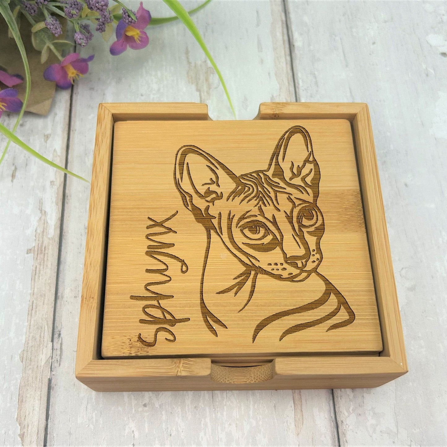 Sphynx Cat Bamboo Engraved Coaster Set New Home Décor House Warming Christmas Gift Birthday Present