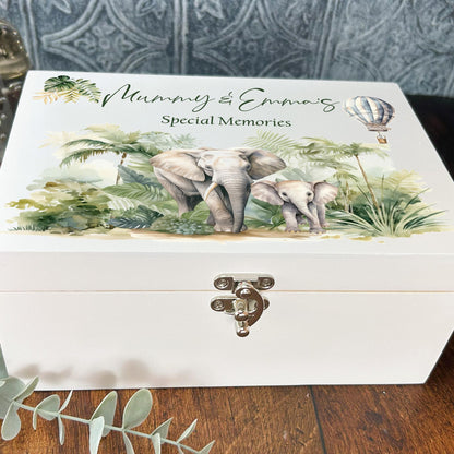 Safari Elephant White Memory Keepsake Storage Box - Personalised Gift