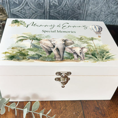Safari Elephant White Memory Keepsake Storage Box - Personalised Gift