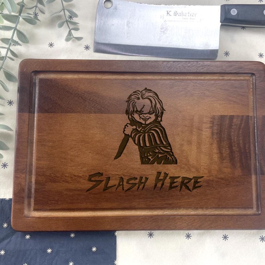 a wooden cutting board with a picture of a woman holding a knife