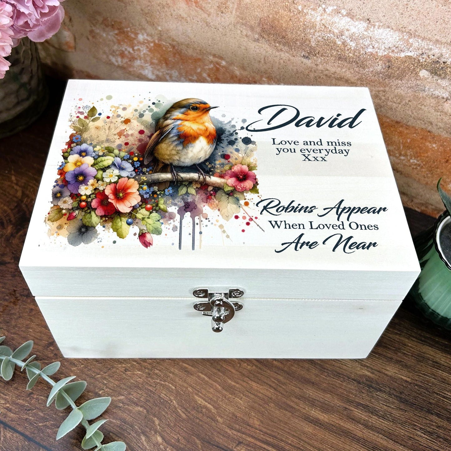 Robin Watercolour Illustration Personalised Wooden Memory Box - Bereavement Gift