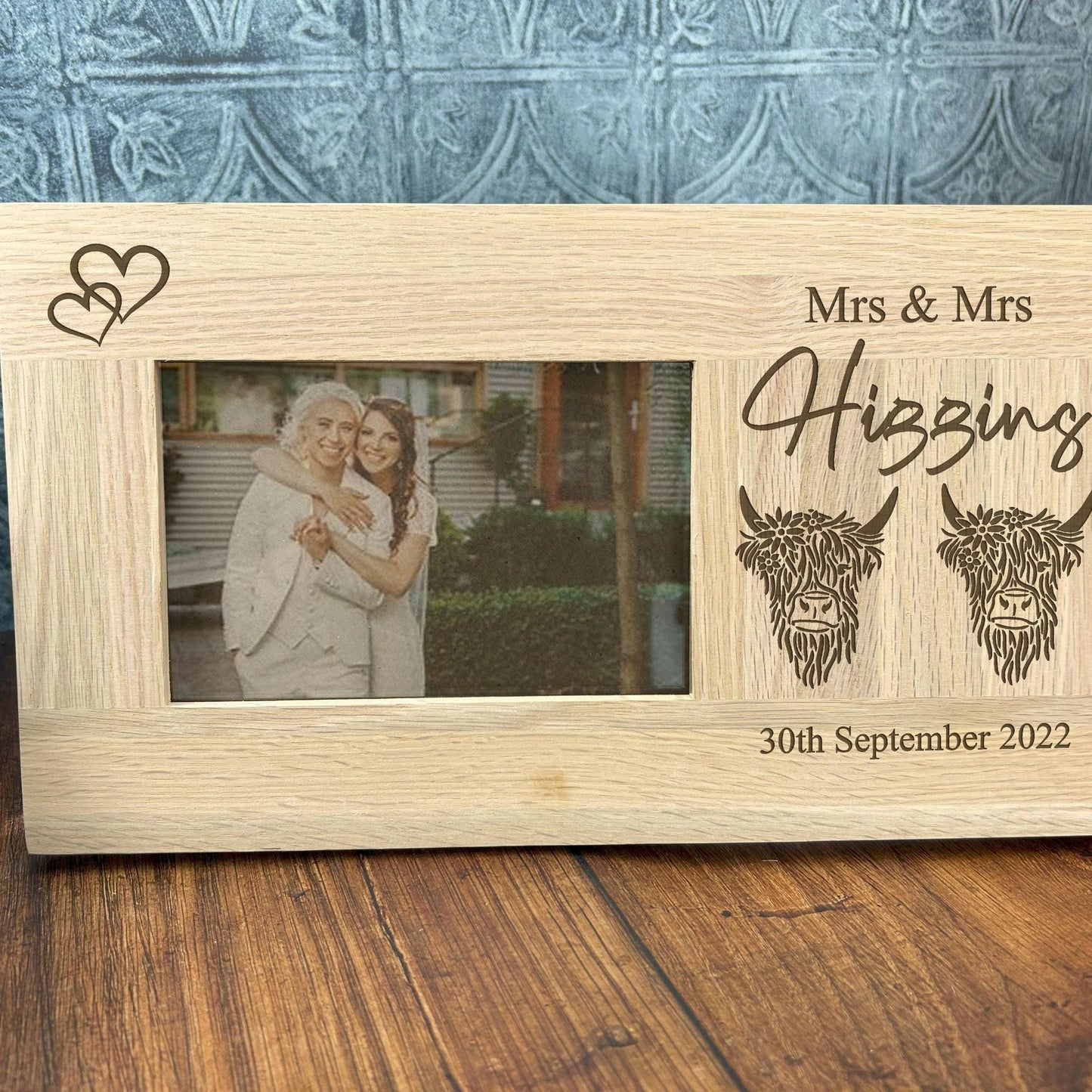 Mrs & Mrs Highland Cow Design Personalised Oak Photo Frame - LGBTQ Wedding Gift