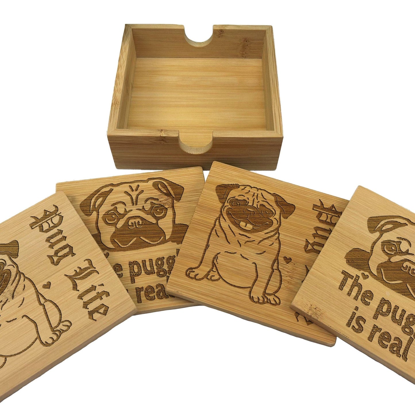 Pug Dog Engraved Bamboo Coaster Set New Home Décor House Warming Gift Christmas Gift Birthday Present Pug Life