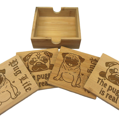 Pug Dog Engraved Bamboo Coaster Set New Home Décor House Warming Gift Christmas Gift Birthday Present Pug Life