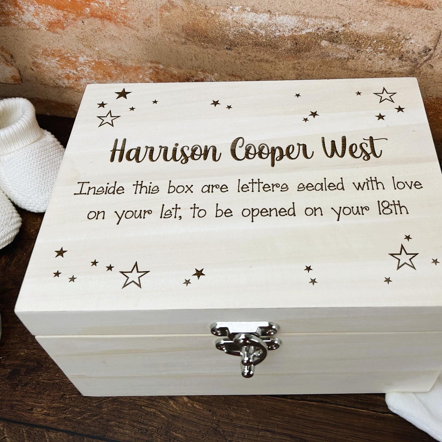 Star Design Time Capsule Personalised Wooden Memory Box Christening / New Baby Gift
