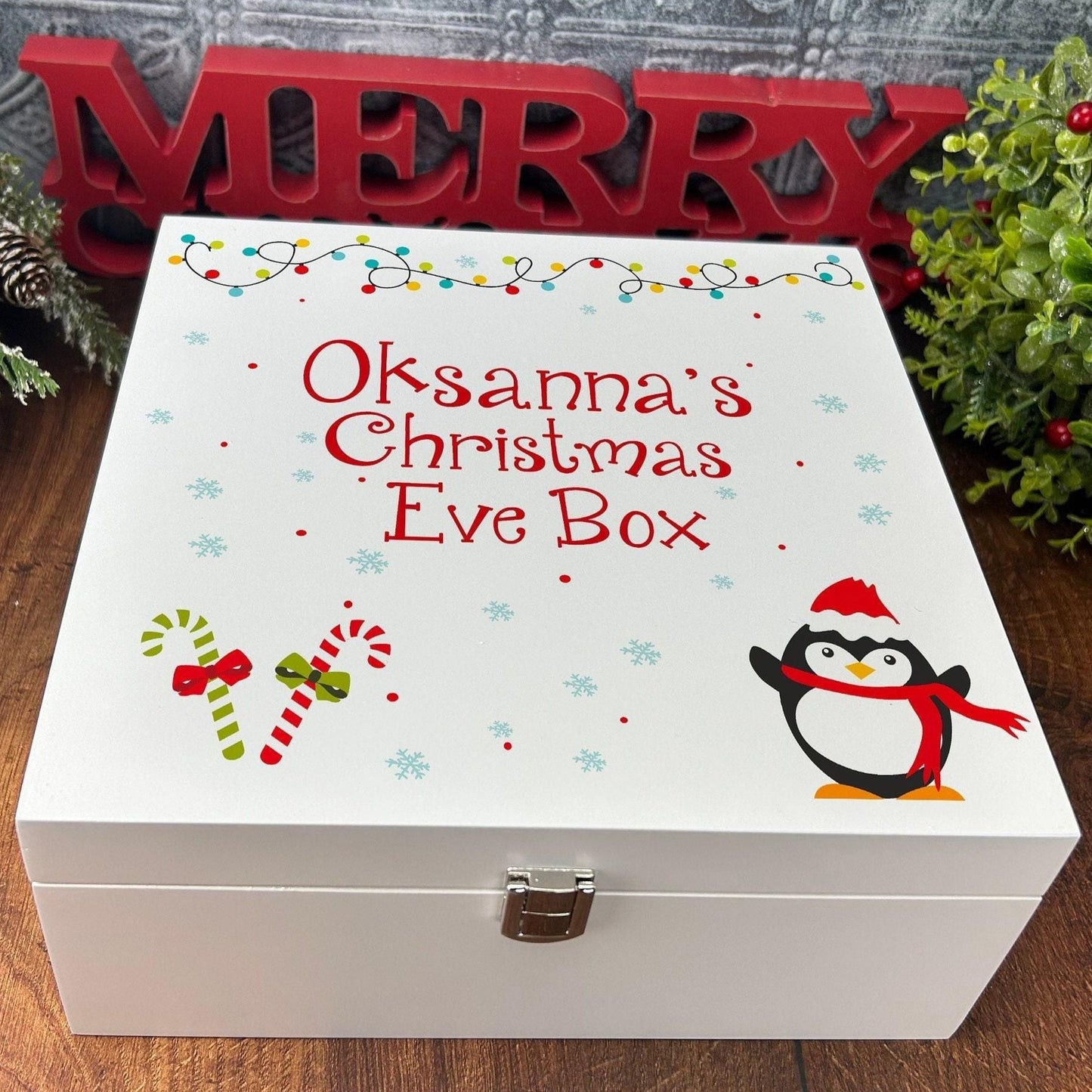 Penguin Christmas Lights Candy Canes XMAS Eve Treats Box - Personalised Festive Gift