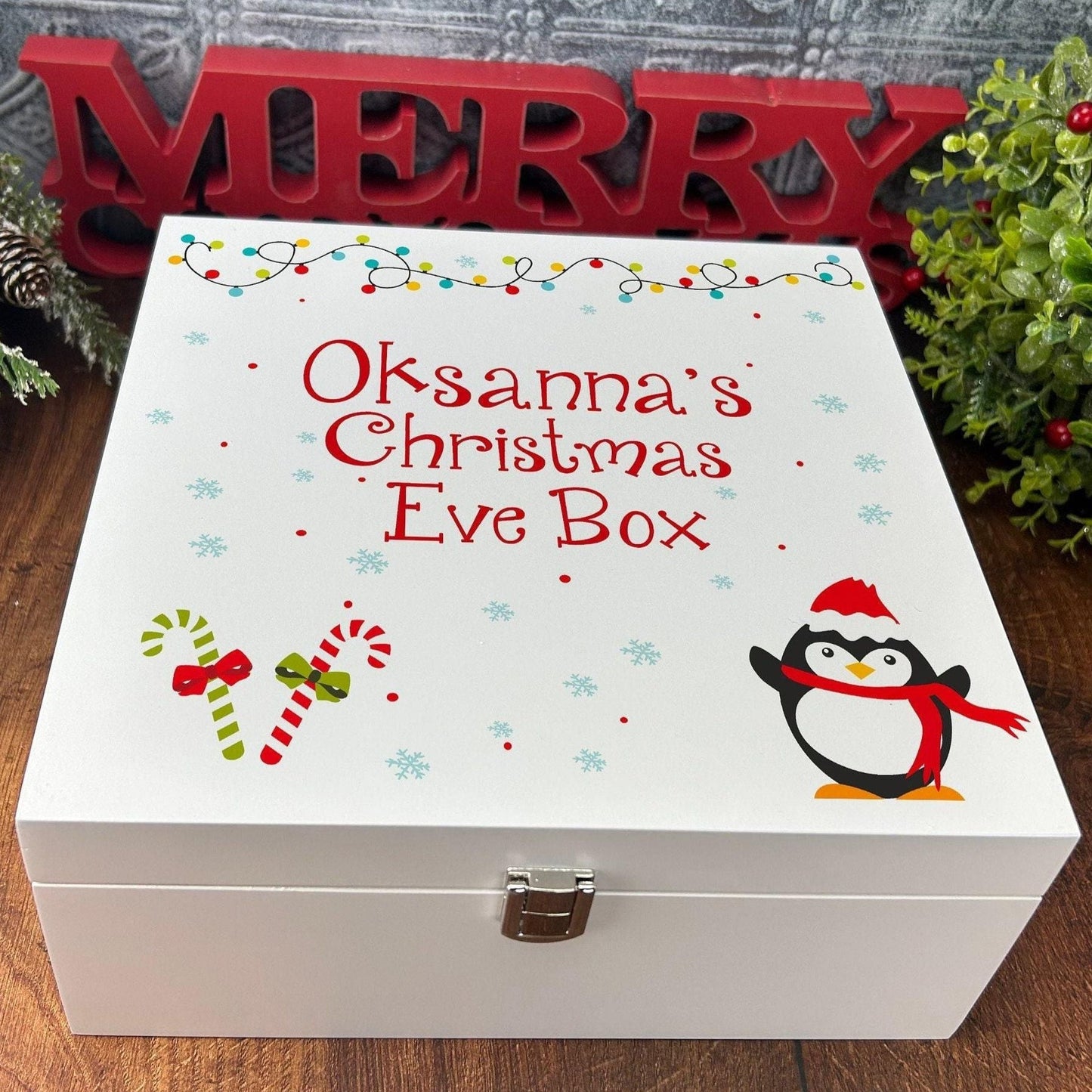Penguin Christmas Lights Candy Canes XMAS Eve Treats Box - Personalised Festive Gift