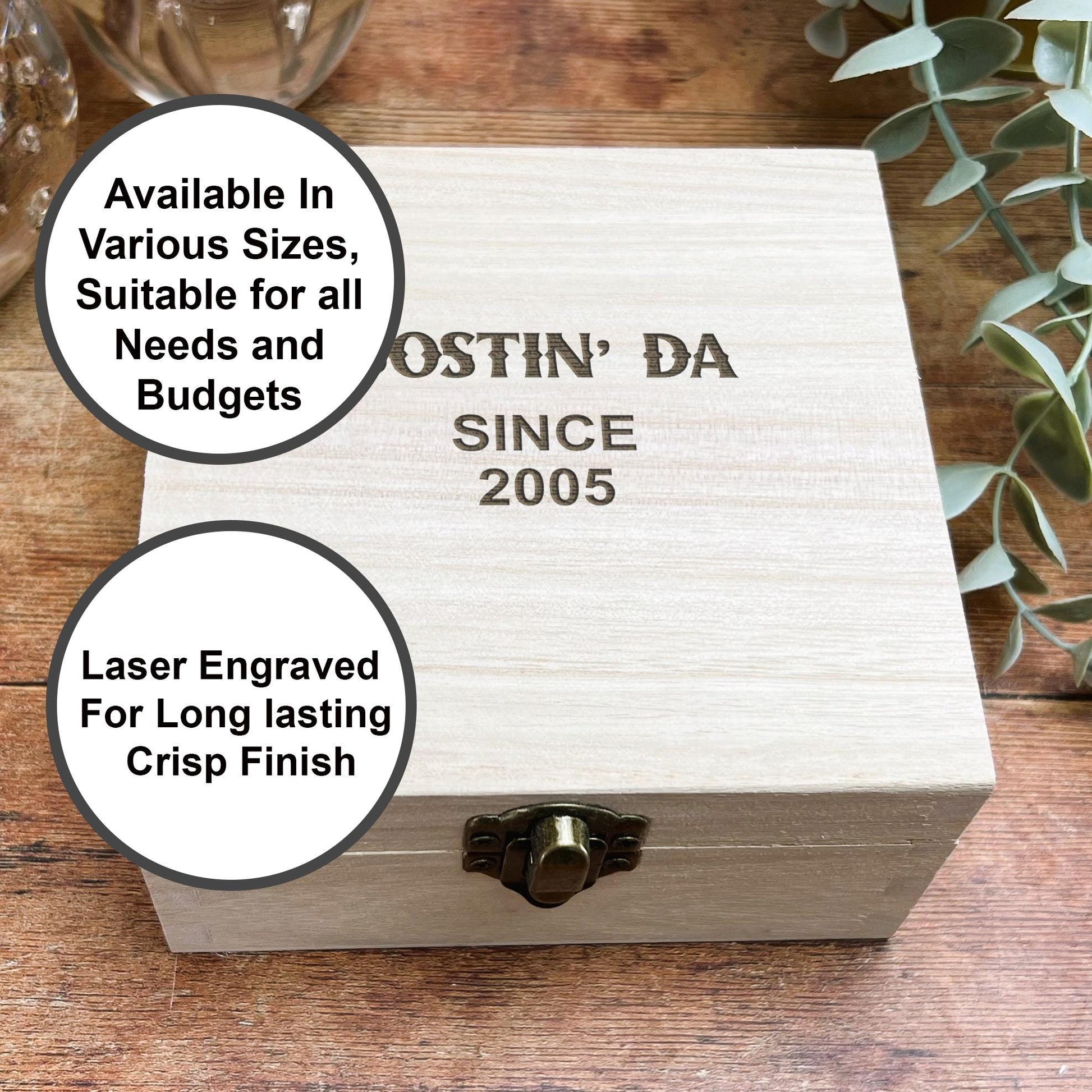 a wooden box with two labels on it