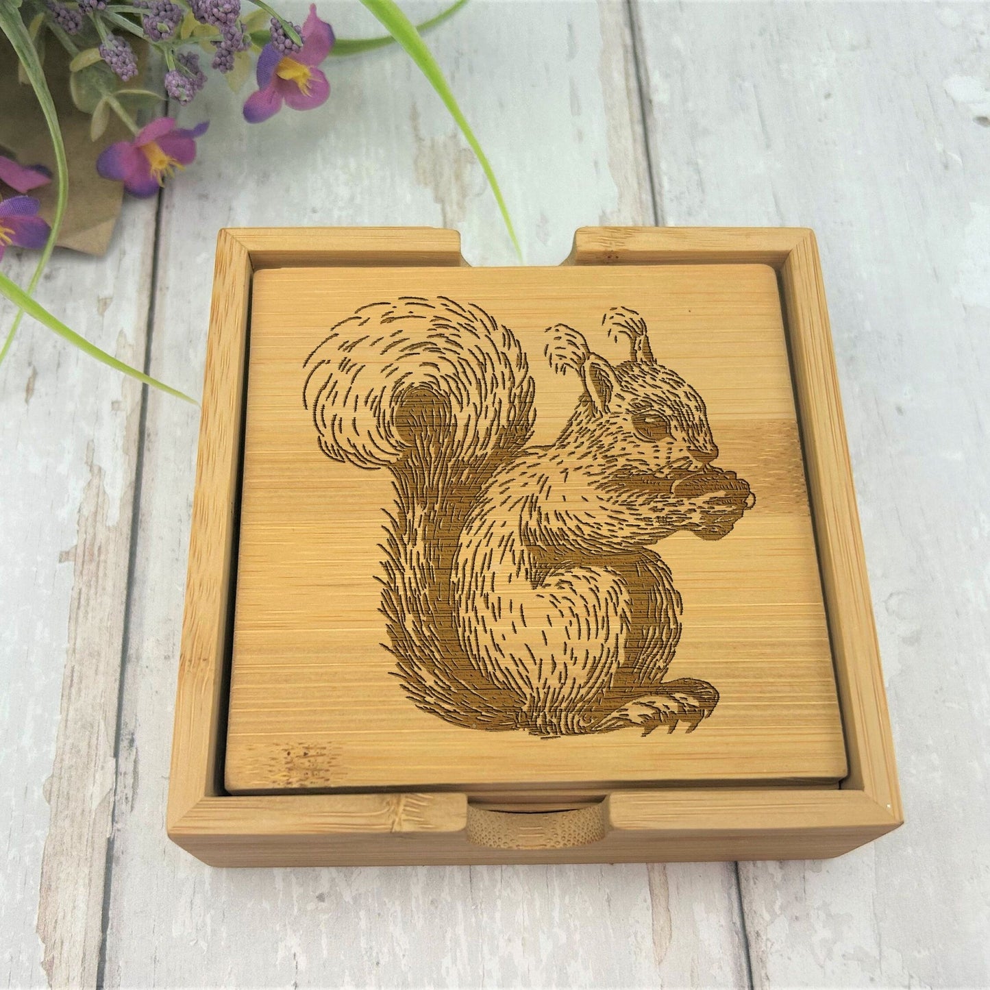 Squirrel Engraved Bamboo Coaster Set New Home Décor House Warming Christmas Gift Birthday Present Woodland Animal Cottage Core