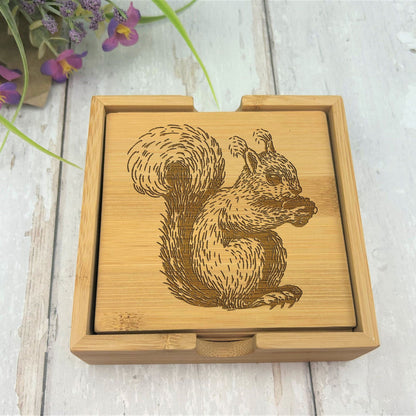 Squirrel Engraved Bamboo Coaster Set New Home Décor House Warming Christmas Gift Birthday Present Woodland Animal Cottage Core
