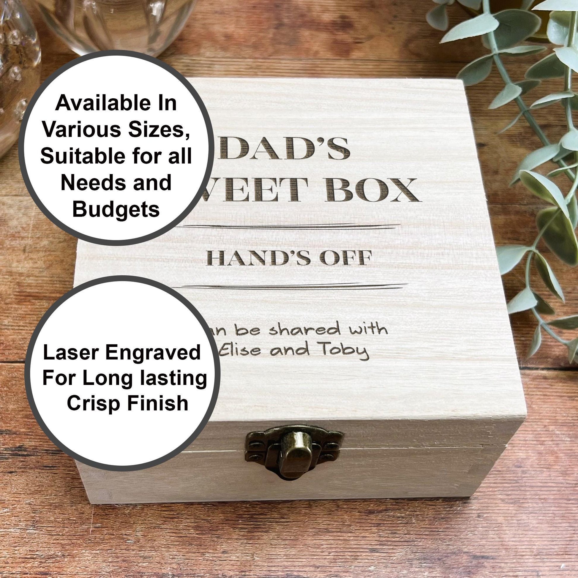 a wooden box with two labels on it