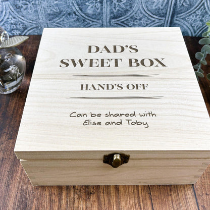 a wooden box that says dad's sweet box hands off