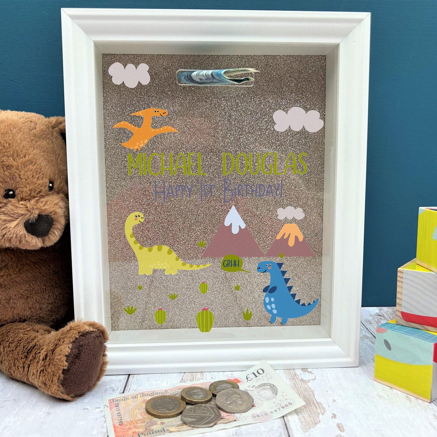 Dinosaur Money Savings Box - Personalised New Baby Christening Gift