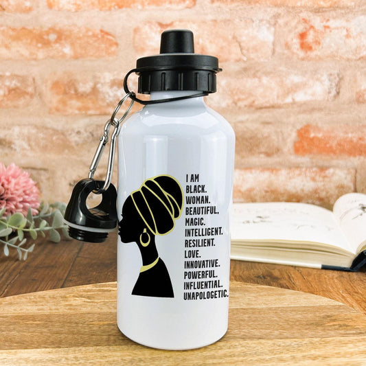 I Am Black Woman Beautiful Afro Hair Personalised Water Bottle Gift