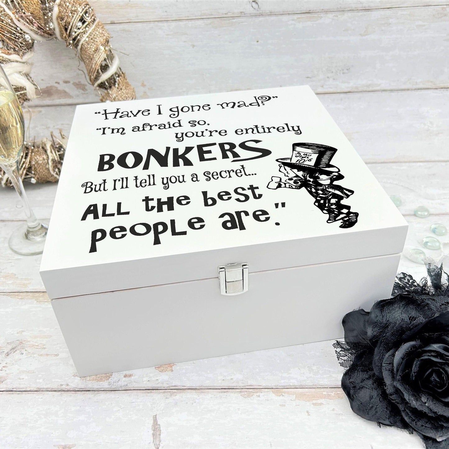 Alice in Wonderland White Wooden Box - Mad Hatter Memory Keepsake Storage Box